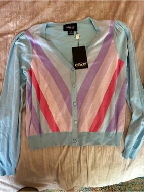 Collectif Pastel Chevron V‑Neck Cardigan in Light Blue with Pink, Purple & Cream